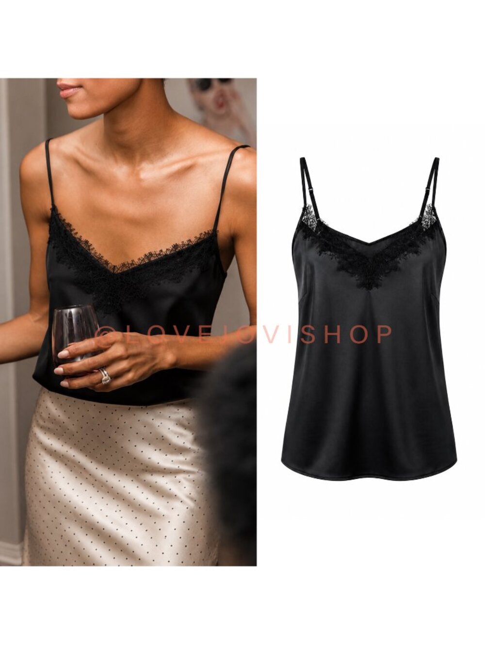 Feminine | Marie France NWT Black Satin Lace Trim Camisole Cami Tank | Large